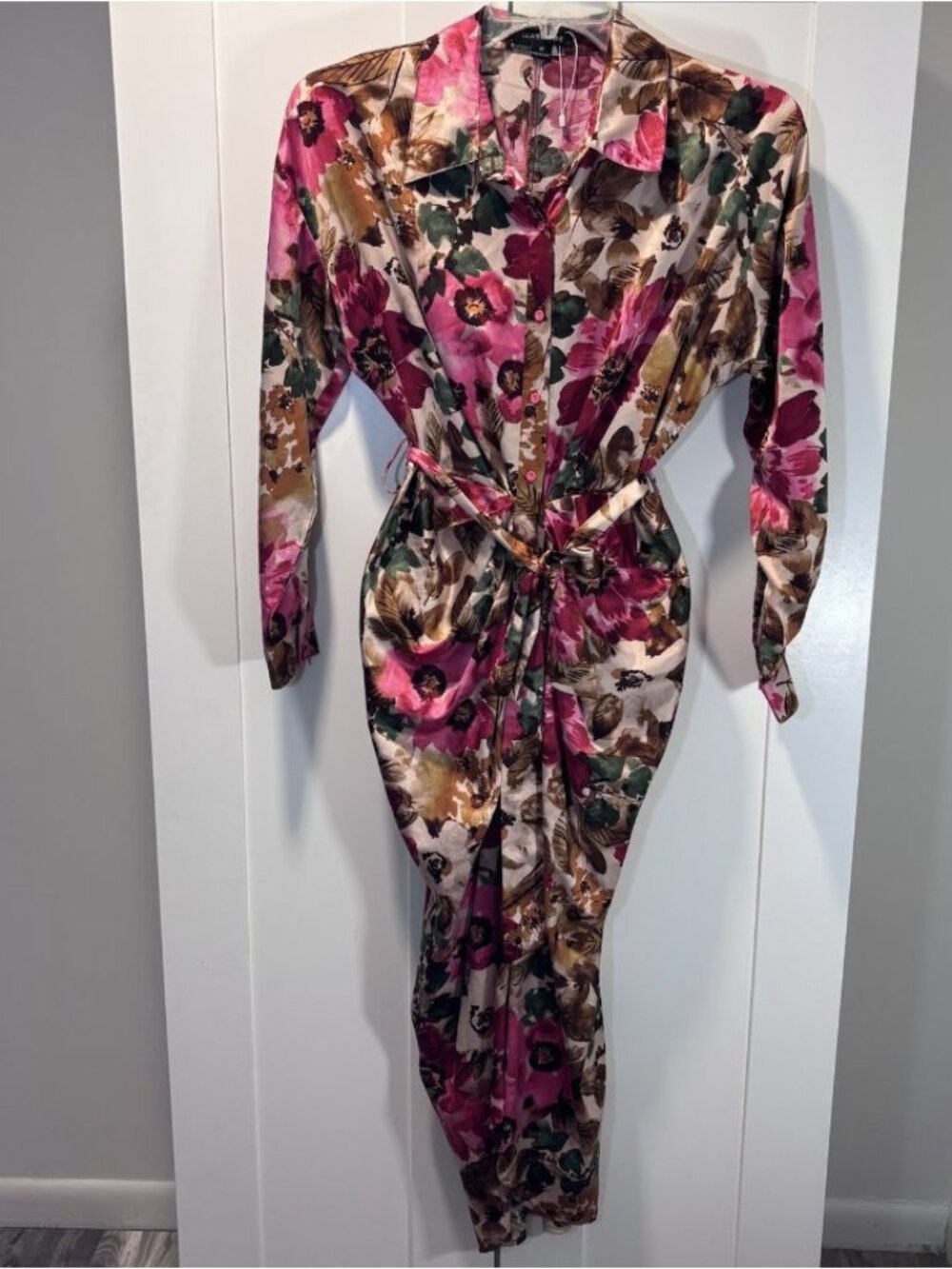 HERS & MINE Floral Pink Multicolor Print Midi Dress Collared Button-Up Women’s M